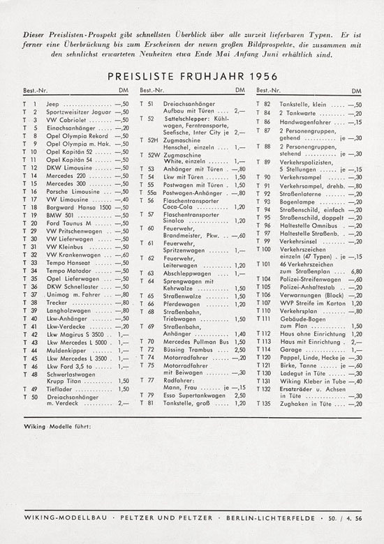 Wiking Katalog 1956, Wiking Modellbau Kataloge, Preisliste 1956, Bildpreisliste 1956, Verkehrsmodelle 1956