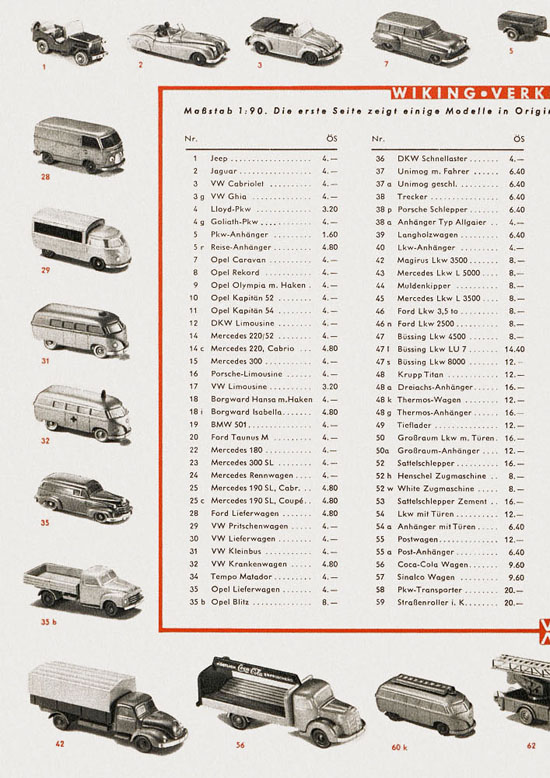 Wiking Bildpreisliste Österreich 1958, Wiking Modellbau Katalog 1958