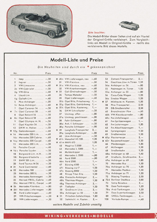 Wiking Katalog 1959, Wiking Modellbau Kataloge, Preisliste 1959, Bildpreisliste 1959, Verkehrsmodelle 1959